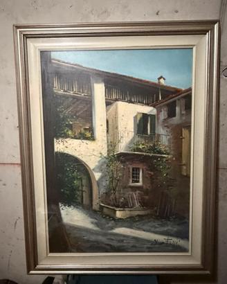 Dipinto olio su tela, cortile rurale