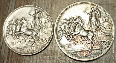 #1923 –Due Monete 1 e 2 Lire, Argento Regno Italia