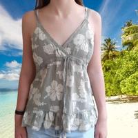 Top , Blusa floreale  cotone, verde fiori ibiscus