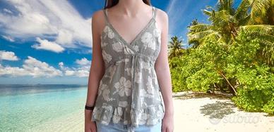 Top , Blusa floreale  cotone, verde fiori ibiscus