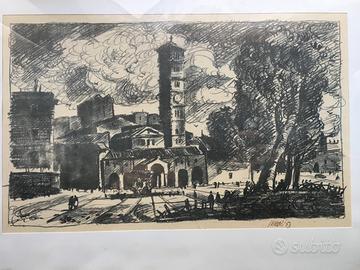 Disegno a matita S. Maria in Cosmedin Roma 1953