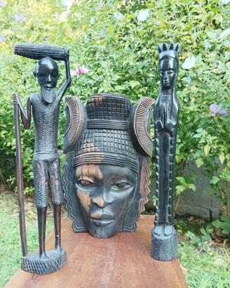Tris sculture africane vintage in legno d'ebano 
