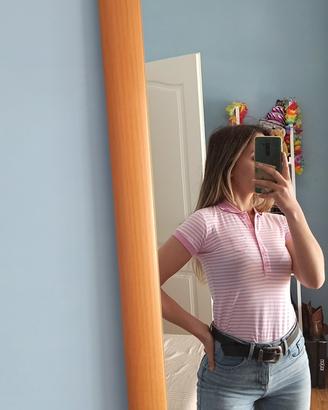 Polo Gaudì rosa a righe Y2K XS cotone con strass