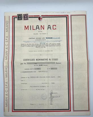 Certificato azionario Storico Milan AC 1968