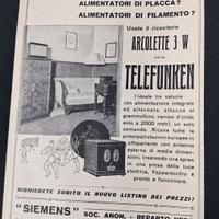 Pubblicità Ricevitore Arcolette 3 WTelefunken 1929