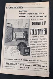Pubblicità Ricevitore Arcolette 3 WTelefunken 1929