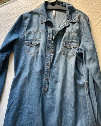 Camicia lunga donna denim taschini e colletto