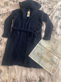 Cardigan KANGRA blu con cappuccio  in lana merinos