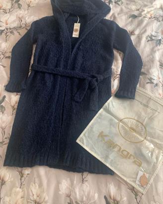 Cardigan KANGRA blu con cappuccio  in lana merinos