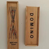 Lotto giochi scatole di legno, Mikado e domino 