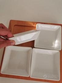 Set 4 ciotole bianche in ceramica con base legno