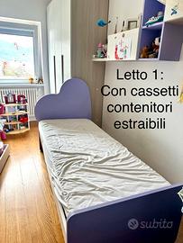 2 letti singoli a cuore con cassettoni per ragazze