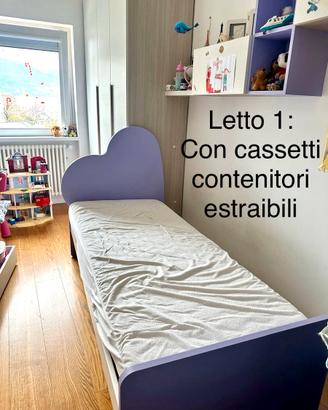 2 letti singoli a cuore con cassettoni per ragazze