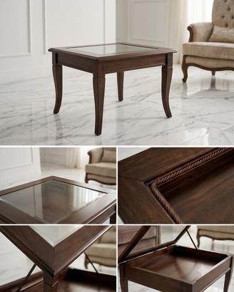 Tavolino classico legno massello noce e cristallo