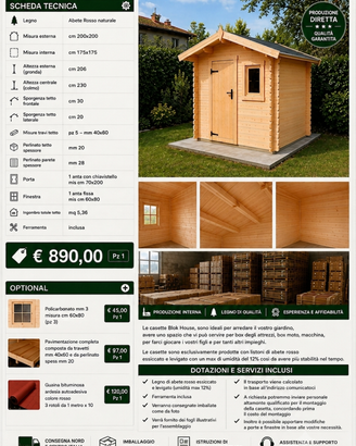 Casetta in legno di abete rosso blockhouse  2x2 mt