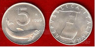 ITALIA 1989 Moneta 5 Lire Rovescio capovolto