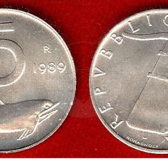 ITALIA 1989 Moneta 5 Lire Rovescio capovolto