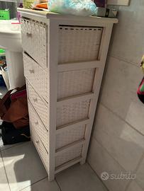 Cassettiera in legno e vimini colore bianco