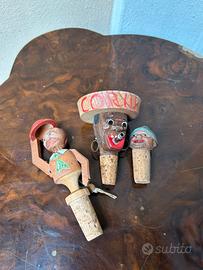 Lotto 3 tappi bottiglia legno vintage personaggi