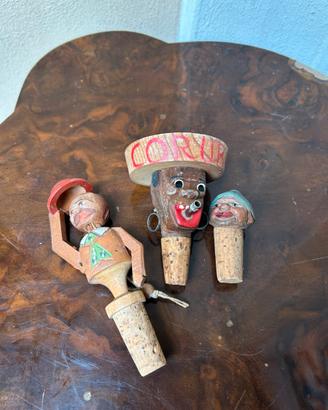 Lotto 3 tappi bottiglia legno vintage personaggi