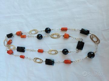 Collana Argento, Onice Nera e Corallo antico
