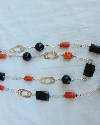 Collana Argento, Onice Nera e Corallo antico