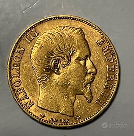 Moneta oro 20 Franchi Napoleone III 1856 BB