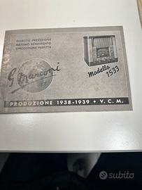 Brochure radio d'epoca Marconi 1533, 1938 / 1939.