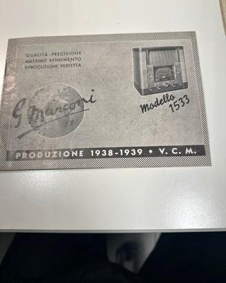 Brochure radio d'epoca Marconi 1533, 1938 / 1939.