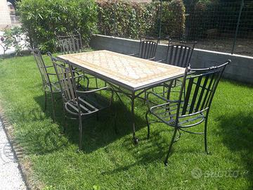 TAVOLO IN FERRO BATUTO CON TOP IN MARMO + 6  SEDIE