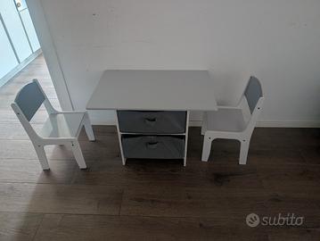 set tavolino + 2 sedie bambini con contenitori 