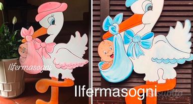 Cicogna nascita di Benvenuto  in legno