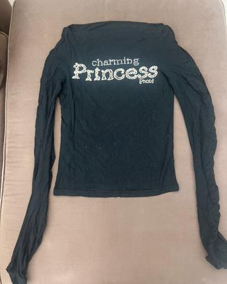 T-shirt manica lunga nera con perle e strass Phard