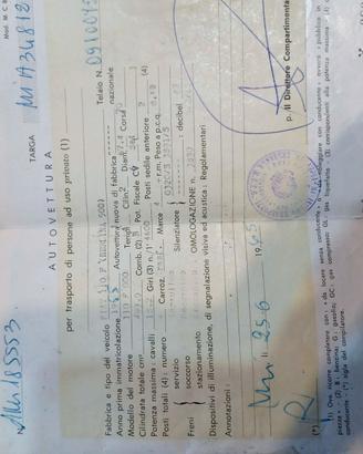 Carta di circolazione FIAT 500 del 1965