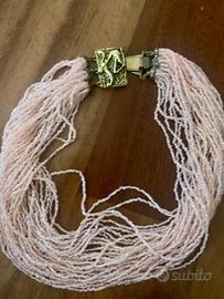 Collana multifilo di perline rosa vintage
