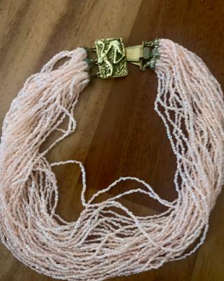Collana multifilo di perline rosa vintage