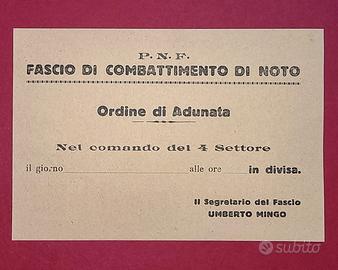 Cartolina ordine di adunata P.N.F. Noto anni '30