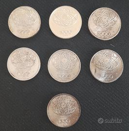 Lotto 7 monete 1000 lire argento Concordia