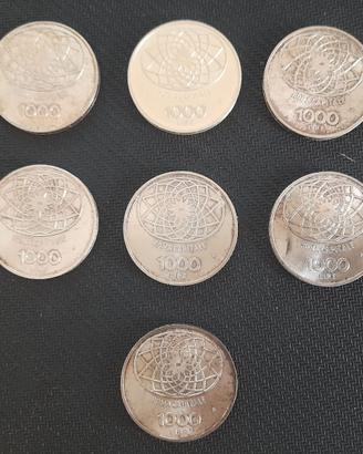 Lotto 7 monete 1000 lire argento Concordia