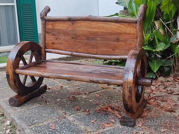 Panca in Legno di teak con Ruote di Carro