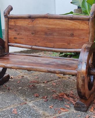 Panca in Legno di teak con Ruote di Carro