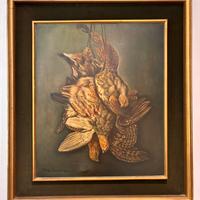 Olio su tela Hans Gaebel 1967.  Carniere di starne