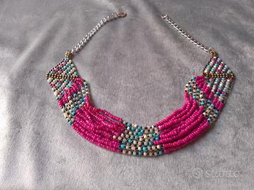 Collana Etnica Tribale Afro Multifilo Rosa fucsia 