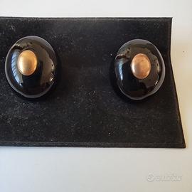 Orecchini Vintage a Clip Cabochon Neri e Oro
