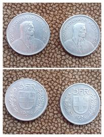 Argento Coppia 5 Franchi Svizzera 1932 Monete