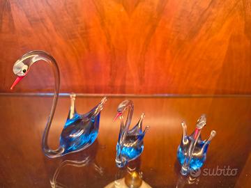 Famiglia 3 Cigni Vetro Artistico Sommerso Blu