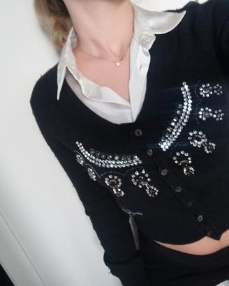 Cardigan Fracomina nero con strass e perline Y2K