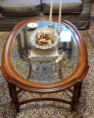 Tavolino ovale in cristallo e legno pregiato privo