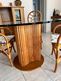 Tavolo cristallo con base in bambu + 4 sedie bambu