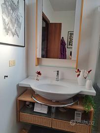 Arredo bagno con lavabo, rubinetto  e specchio.